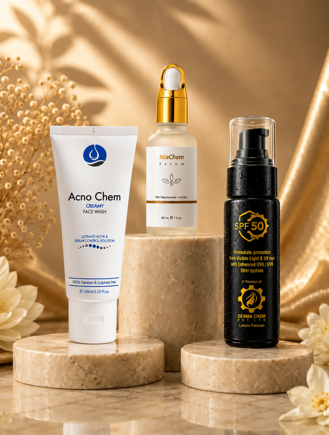 Dermachem Oily Skin Complete Bundle | AcnoChem Facewash + NiaChem Serum + TINT Chem Sunblock